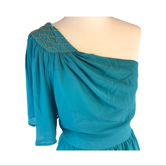 Umgee One Shoulder Chiffon Lined Dress Studded Accent Turquoise Size Small NWT - Picture 6 of 9